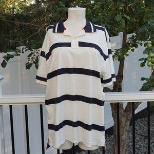 Navy Blue & White Striped Polo Shirt